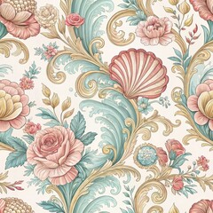 Wall Mural - Elegant Floral Baroque Seamless Pattern with Pastel Roses Shells and Gold Accents