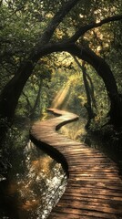 Wall Mural - A serene forest path winding through lush greenery, illuminated by soft sunlight filtering through the trees.