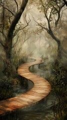 Wall Mural - A winding wooden path leads through a misty, enchanting forest, surrounded by lush greenery and ethereal light.