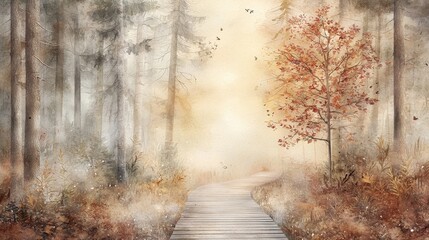 Sticker - A serene forest path leads through misty trees, showcasing a vibrant autumn tree amidst warm, earthy tones.