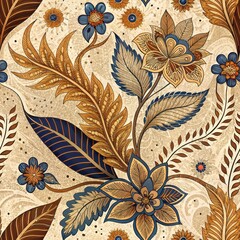 Wall Mural - Elegant Floral Pattern Design Intricate Beige Brown and Blue Botanical Textile Print