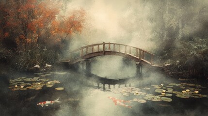 Sticker - A serene landscape features a wooden bridge over a misty pond adorned with lily pads and autumn foliage, creating a tranquil atmosphere.