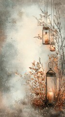 Wall Mural - Softly glowing lanterns hang amid delicate foliage, creating a serene and enchanting atmosphere in muted tones.