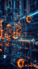 Poster - Complex digital data circuit transforming data with glowing orange and blue light, futuristic technology concept