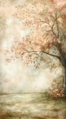 Wall Mural - A serene, misty landscape featuring a tree with autumn leaves, evoking a calm and dreamy atmosphere.