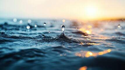 Wall Mural - Water Droplet Splashing on Calm Surface at Sunset Glow