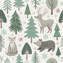 Wall Mural - Charming Winter Woodland Animals Trees Seamless Pattern Design