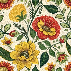 Wall Mural - Vibrant Floral Seamless Pattern Red Yellow Sunflowers Botanical Design