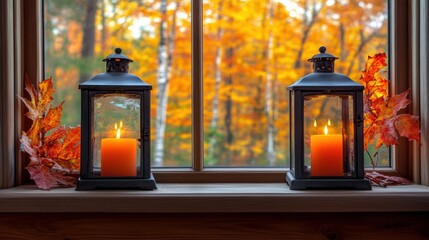 Wall Mural - Cozy Autumn Scene with Lanterns and Colorful Fall Leaves