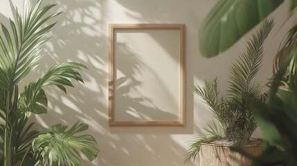 Wall Mural - Minimalist Interior Scene with Empty Frame and Lush Green Plants