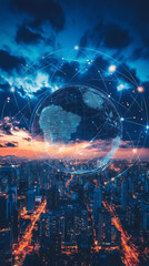 Leinwandbilder - Digital holographic globe hovering over Sao Paulo skyline, symbolizing worldwide connectivity during golden evening light