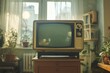 © Gsu - A retro TV set with static on the screen, sitting on a wooden stand, the scene filled with nostalgia and the charm of classic television. The TV captures a moment from the past.
