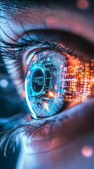 Leinwandbilder - Human eye mirroring high-tech interface, revealing digital data transformation, neural networks, augmented reality visualization