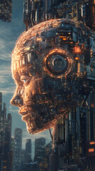 Leinwandbilder - Giant cyborg head with glowing circuits emerging from futuristic city at dusk, concept of artificial intelligence and singularity