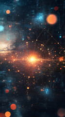 Aufkleber - Quantum processor performing complex calculations, visualized with glowing lines, nodes, and a bokeh effect, representing the power of futuristic technology