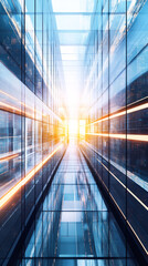 Poster - High-tech data center corridor, glowing server racks flanking glass walls, showcasing digital infrastructure and technological precision