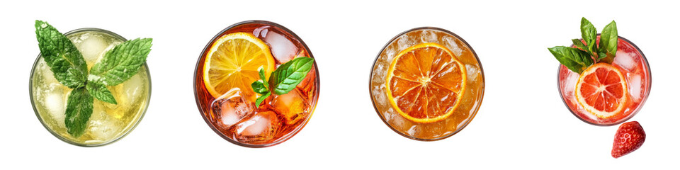 Collection of alcohol-free and Alcoholic drink cocktails in glass isolated on transparent or white background. Top view