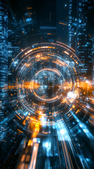 Fototapete - Glowing circular digital portal with motion blur effect hovering over futuristic cityscape at night
