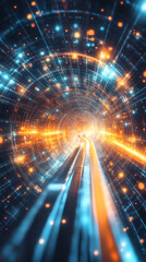 Aufkleber - Light trails and particles flowing around modern high speed train moving through digital tunnel, big data, information technology concept