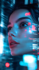 Leinwandbilder - Close-up of woman programmer coding in virtual reality with futuristic interface and augmented reality