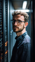 Fototapete - IT technician managing operations in a bustling server room, overseeing the intricate systems of a modern data center