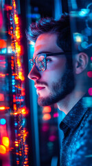 Poster - IT specialist analyzing server performance, ensuring efficient data management and network security in modern data center