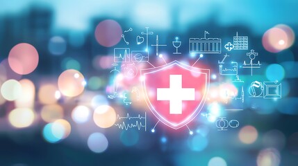 Wall Mural - Medical shield with health icons over blurred city background for healthcare security