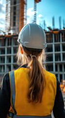 Canvas Print - Woman engineer with ponytail wearing hardhat and high-visibility vest supervising building site, construction industry concept