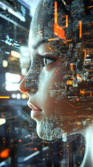 Leinwandbilder - Artificial intelligence forming inside woman face merging with electronic circuit and cityscape, concept of machine learning and technological singularity