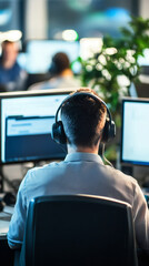Leinwandbilder - Employee concentrating on computer programming in busy office environment, wearing headphones and focusing on task