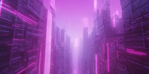Poster - A close-up of a vast futuristic city with floating skyscrapers, advanced transport systems, and glowing neon lights beneath a purple sky.