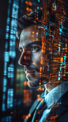 Leinwandbilder - Portrait of a businessman analyzing computer code displayed in augmented reality, immersing in futuristic technology and innovation