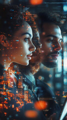 Leinwandbilder - Business professionals reviewing digital analytics, night city skyline blending through dynamic double exposure technique