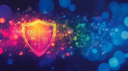 Wall Mural - Healthcare data security shield with medical icons on a colorful bokeh background