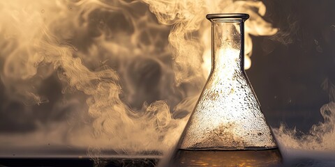 Wall Mural - an exothermic reaction in a flask, with heat waves distorting the air and steam rising from the solu