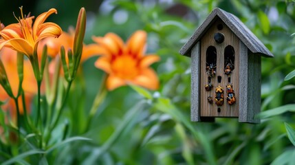 Insects on a birdhouse in the garden. Selective focus.