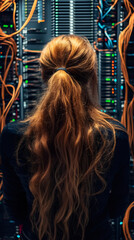 Poster - Rear view of network engineer with long hair working in server room with cables and flashing lights