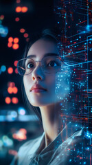 Leinwandbilder - Businesswoman wearing glasses analyzing a holographic big data network, highlighting digital transformation and AI technology