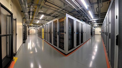 Aufkleber - Detailed perspective of a secure data facility, featuring locked server racks and visible cooling systems for critical information safety.