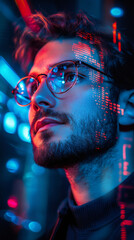 Leinwandbilder - Close-up portrait of a software developer wearing glasses, with code projected on his face and illuminated by neon lights