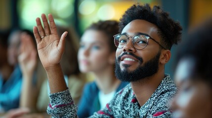 Aufkleber - Students raising hands in class, close-up on engaged expressions and bright classroom setting, emphasizing active participation in education