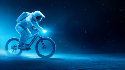 Wall Mural - astronaut riding a bike in a cosmic landscape at night