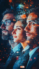 Leinwandbilder - Three businesspeople sharing vision for future, visualizing digital transformation with overlayed computer code, big data and network