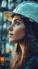 Poster - Woman architect wearing protective helmet analyzing holographic architectural project superimposed over her face