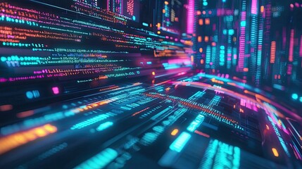 Fototapete - Detailed image of a coding setup with a dark theme, vibrant lines of code rapidly scrolling on a display.