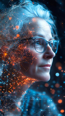 Leinwandbilder - Portrait of a businesswoman wearing eyeglasses with a world map and network connection superimposed on her face