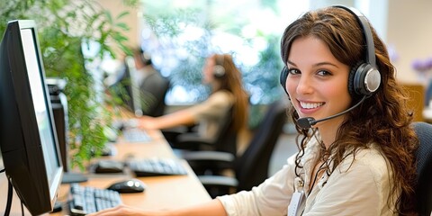 Fototapete - Customer service agents engage in client interactions, offering personalized assistance and solutions in a contemporary office space.