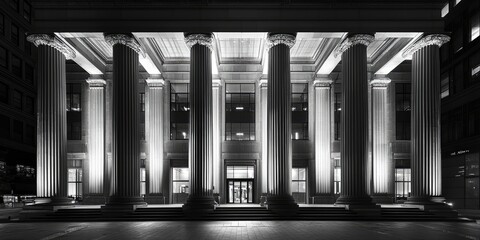 Fototapete - Grand bank building with neoclassical design, tall columns, and an impressive entrance, symbolizing professionalism.