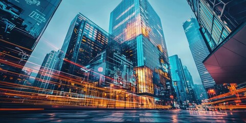 Fototapete - Futuristic building with integrated AI and robotic systems, presenting advanced design features in a high-tech urban environment.