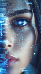 Leinwandbilder - Close-up of woman face merging with digital code, symbolizing the integration of humans and AI